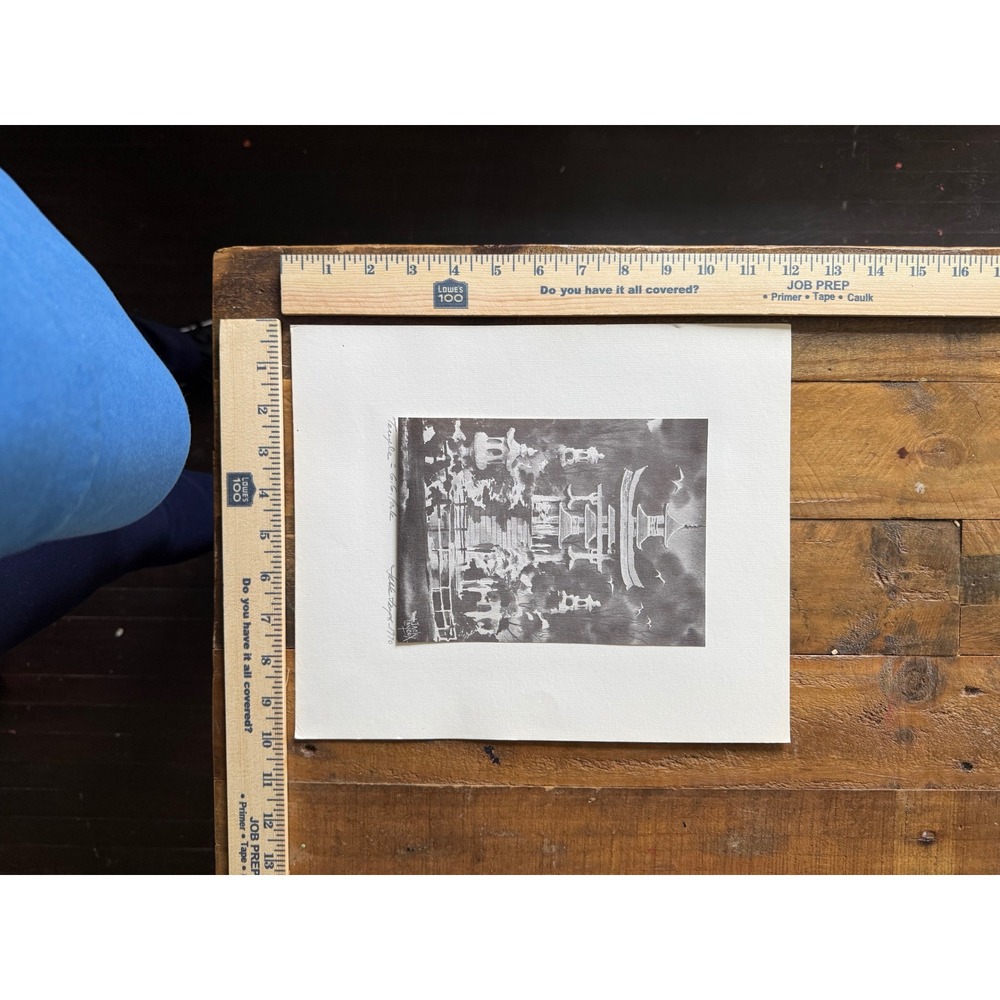 Vintage 1970 Temple Kyoto Japan Art Print Black White Matted 8x10 Architectural